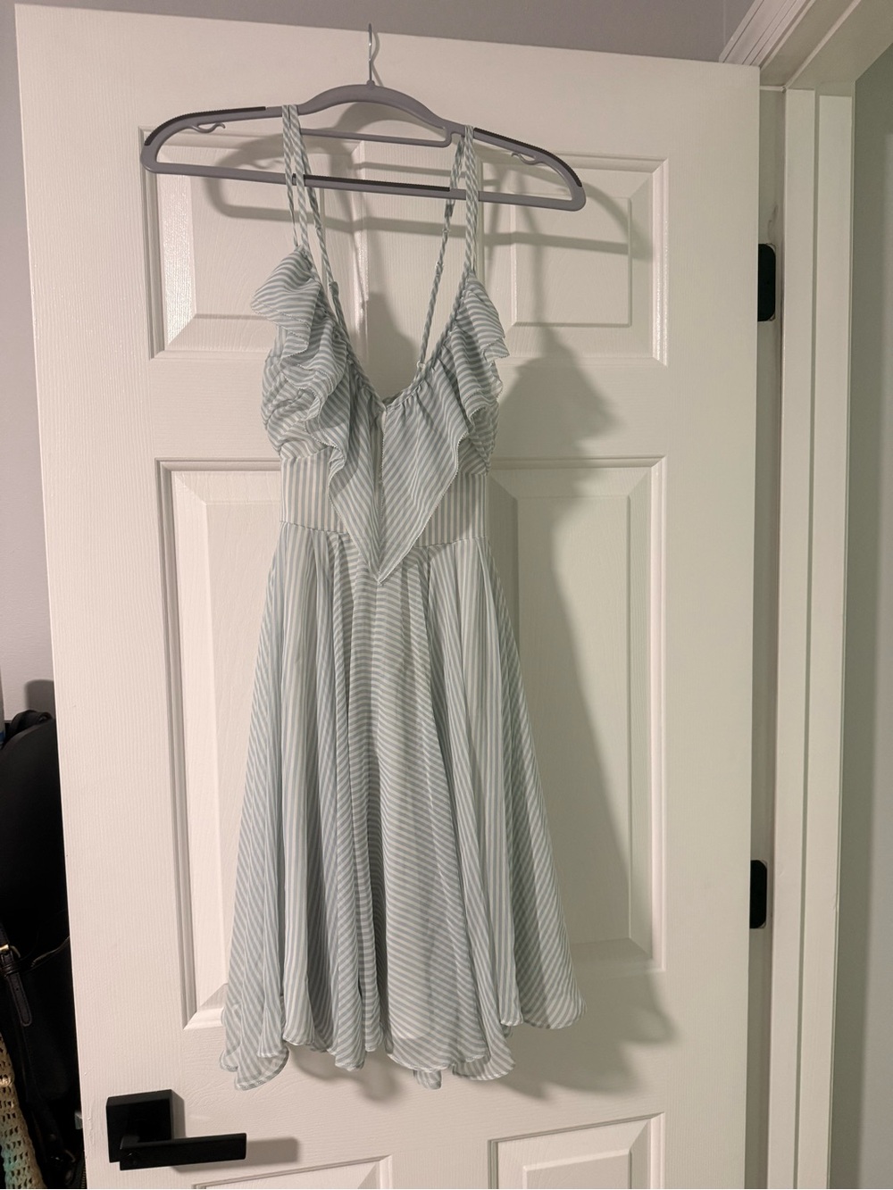 GUESS Pale Blue and White Striped Ruffle Mini Dress